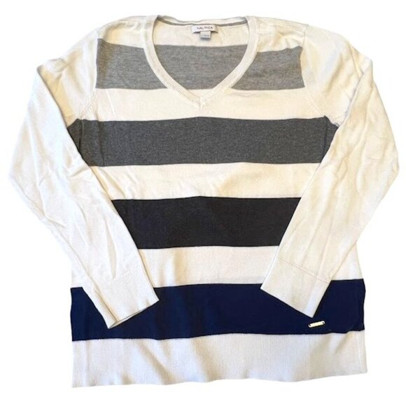 Nautica Womens Striped V Neck Sweater Large - Picture 1 of 8